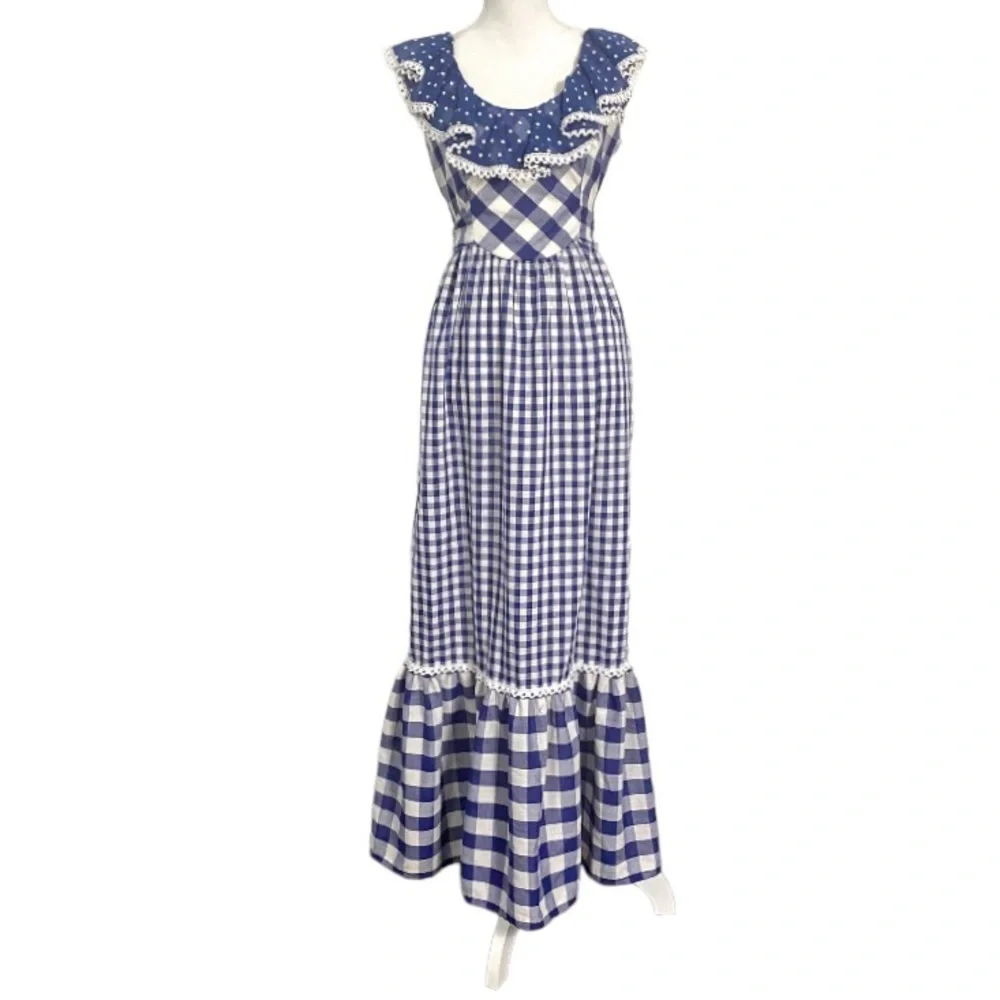 Vintage 70s Blue Gingham Maxi Dress White Checkered Prairie Dress Plaid Long - Picture 3 of 14